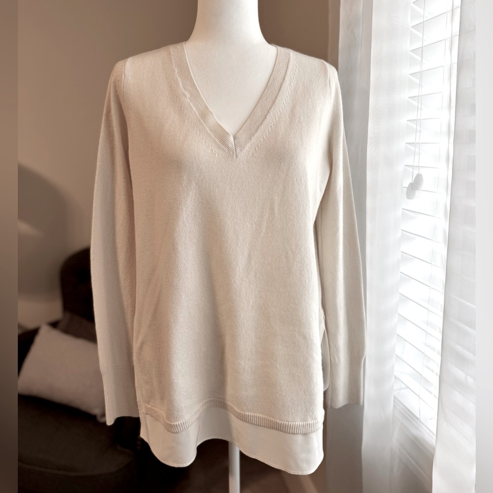 Cream wool & cashmere blend Vince sweater with silk shirt trim